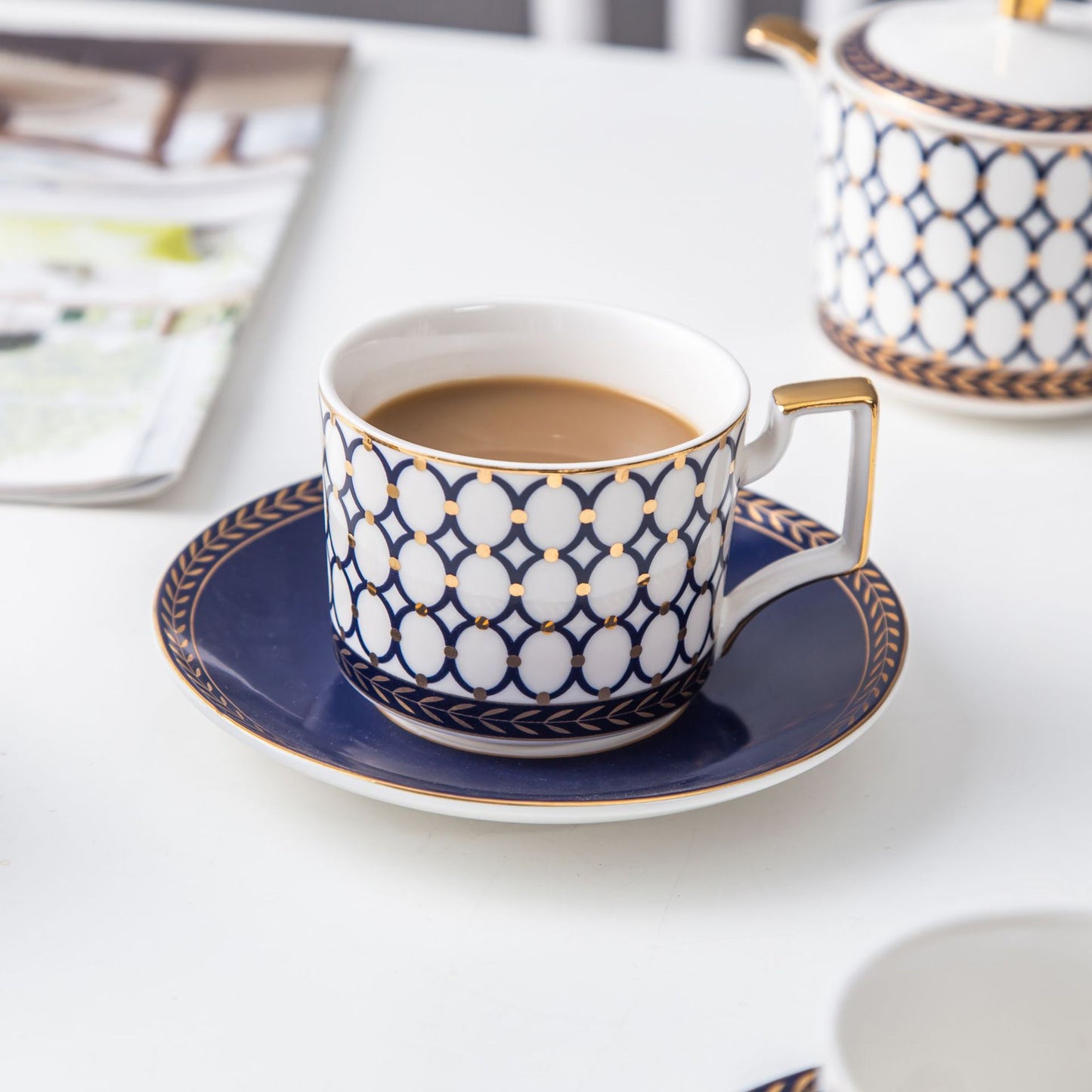 Navy Blue & White Bone China Tea Set