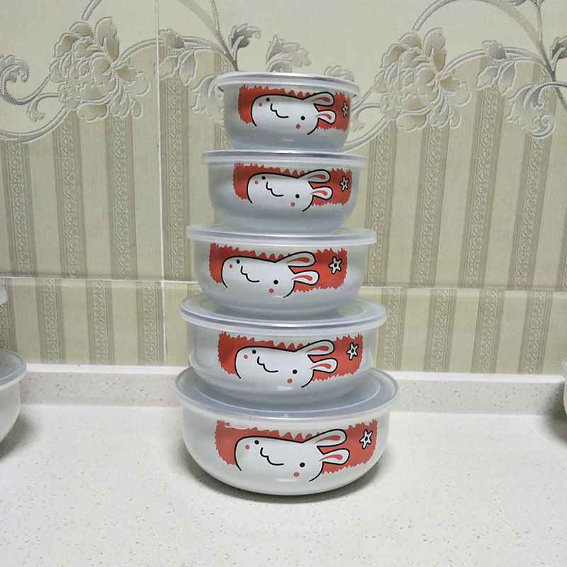 5PC Painted Enamel Bowls with Lids