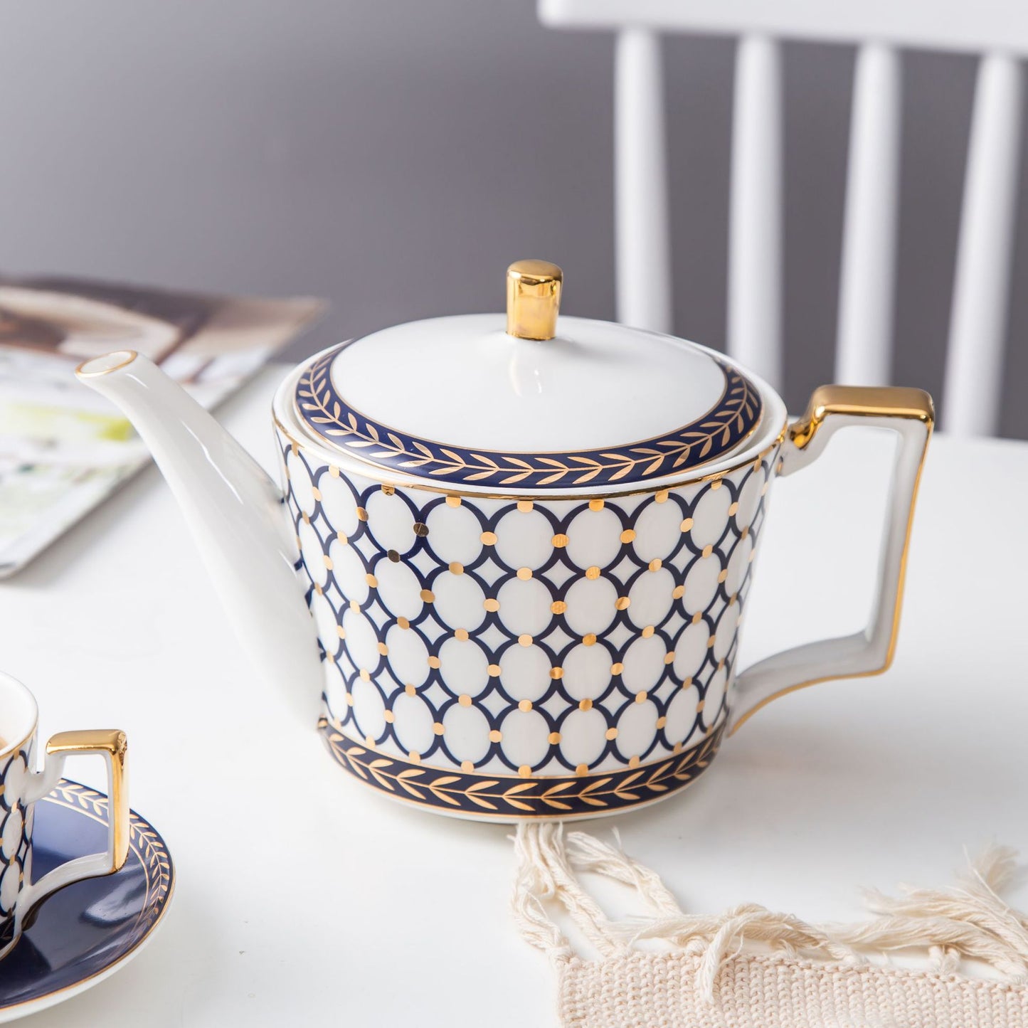 Navy Blue & White Bone China Tea Set