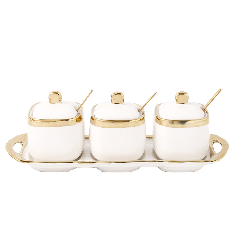 Serveware: 3PC Nordic Color-Glazed Ceramic-Gold Trim Serving Jars