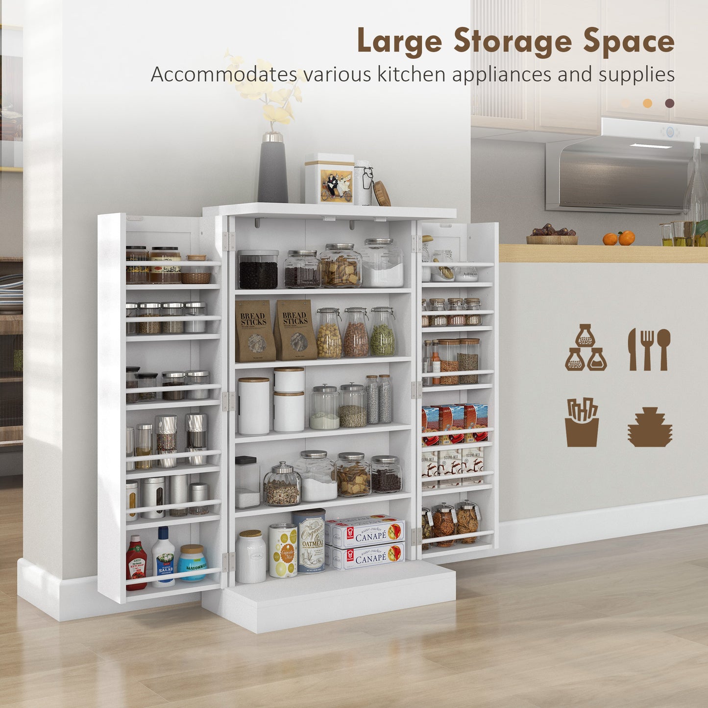 Freestanding White  5-Shelf Kitchen Pantry, 12 Spice Racks