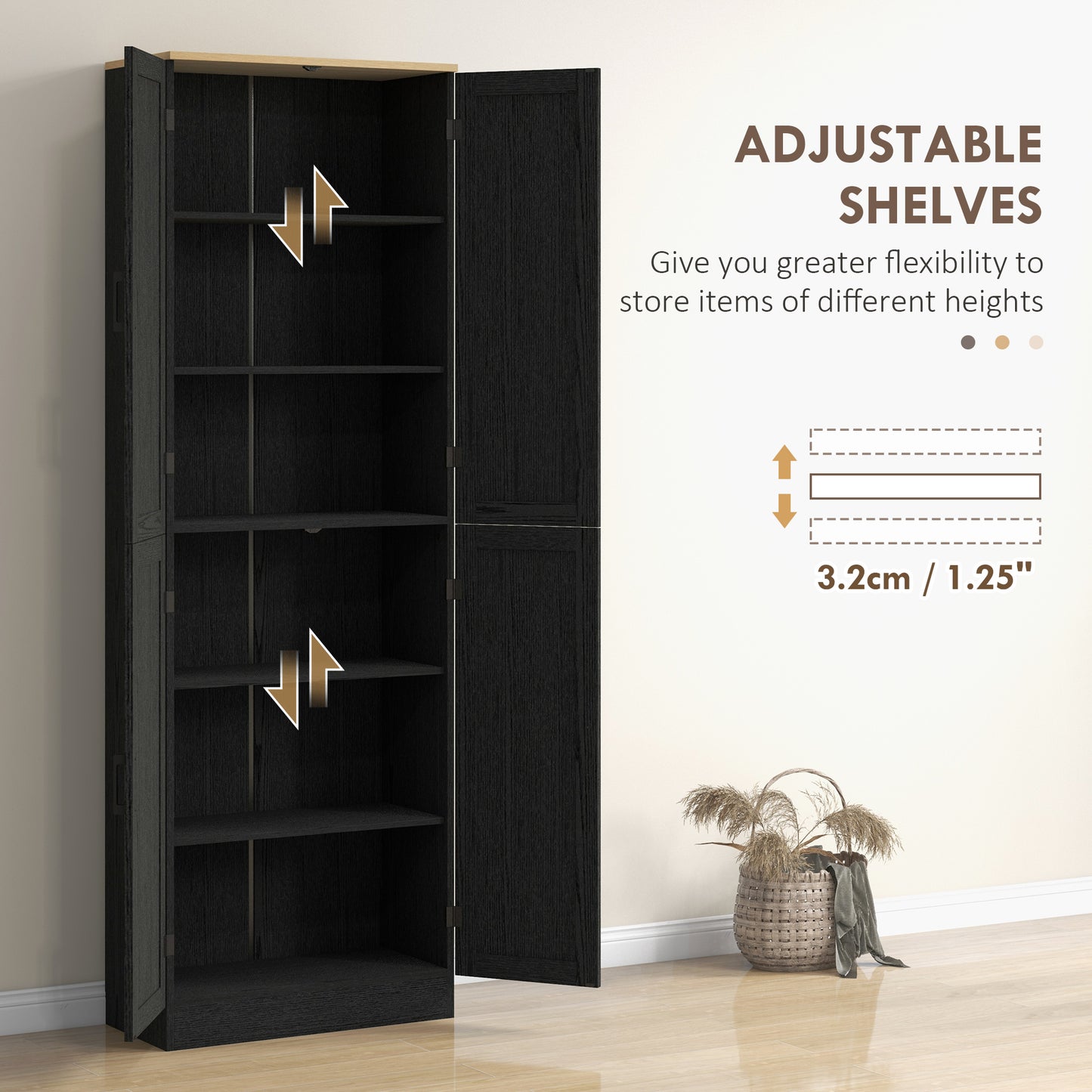 Freestanding Kitchen Pantry-Distressed Black-Adjustable Shelves