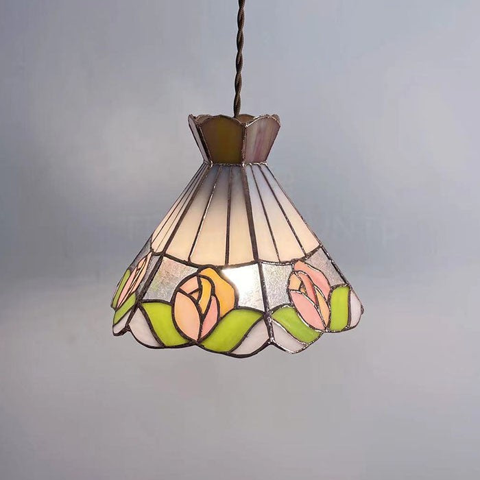 Tiffany Style French Rose Stained Glass Pendant Lamp