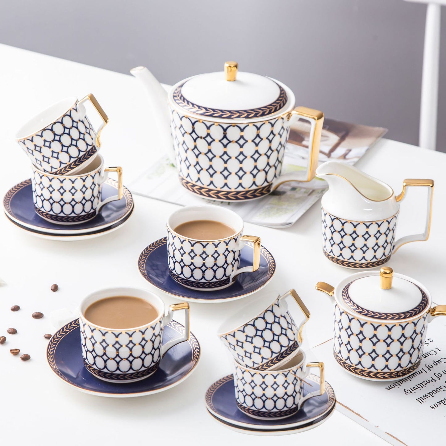 Navy Blue & White Bone China Tea Set