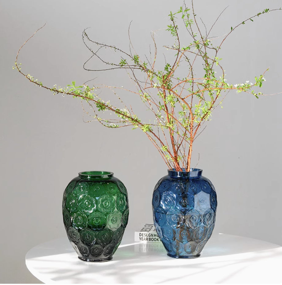 Vase-Round Colored Glass Blossom Embossed