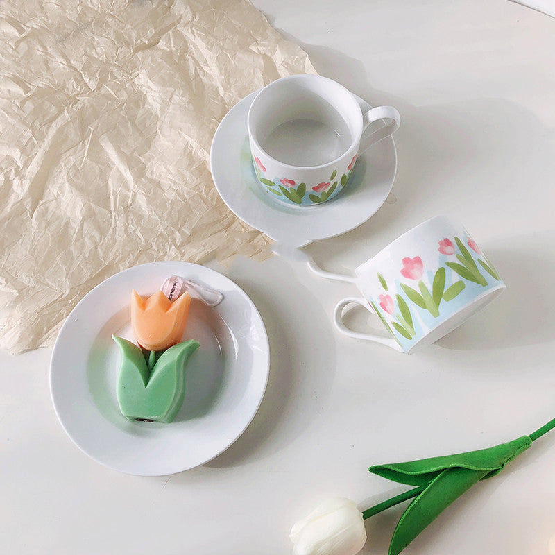 French Painted Tulips Cup, Saucer & Spoon