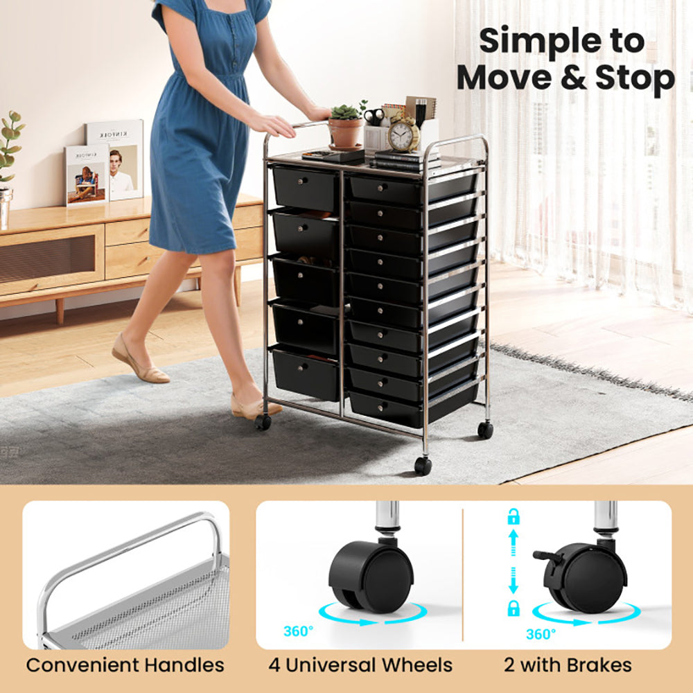 Rolling Storage Cart 15-Drawer Trolley With Chrome Plated Metal Frame