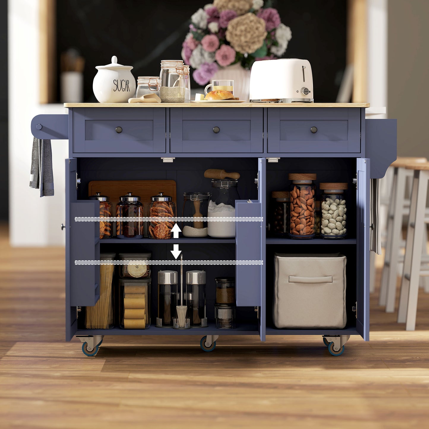 Dark Blue Kitchen Island on Wheels