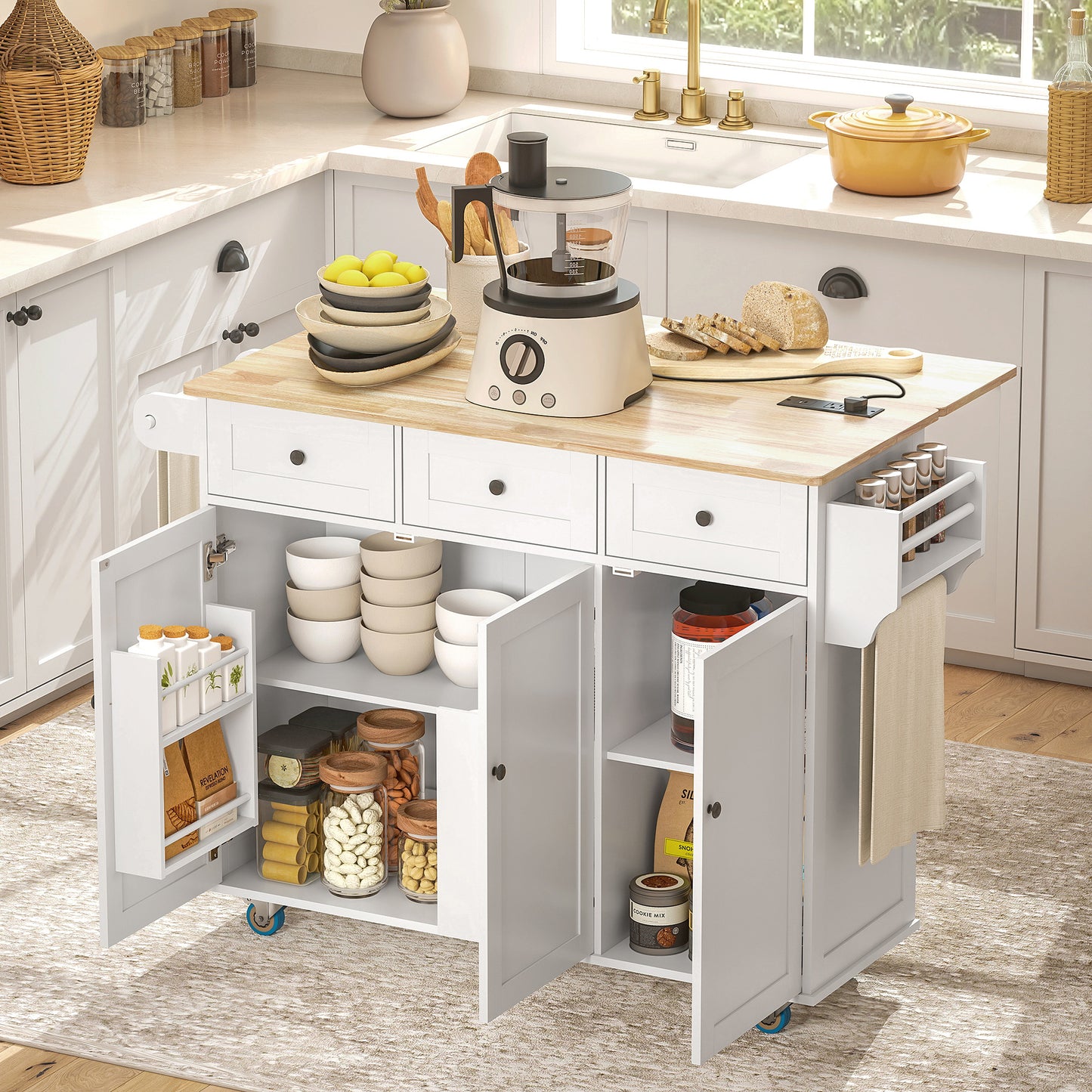 White Rolling Kitchen Island-Drop Leaf, Charging Station
