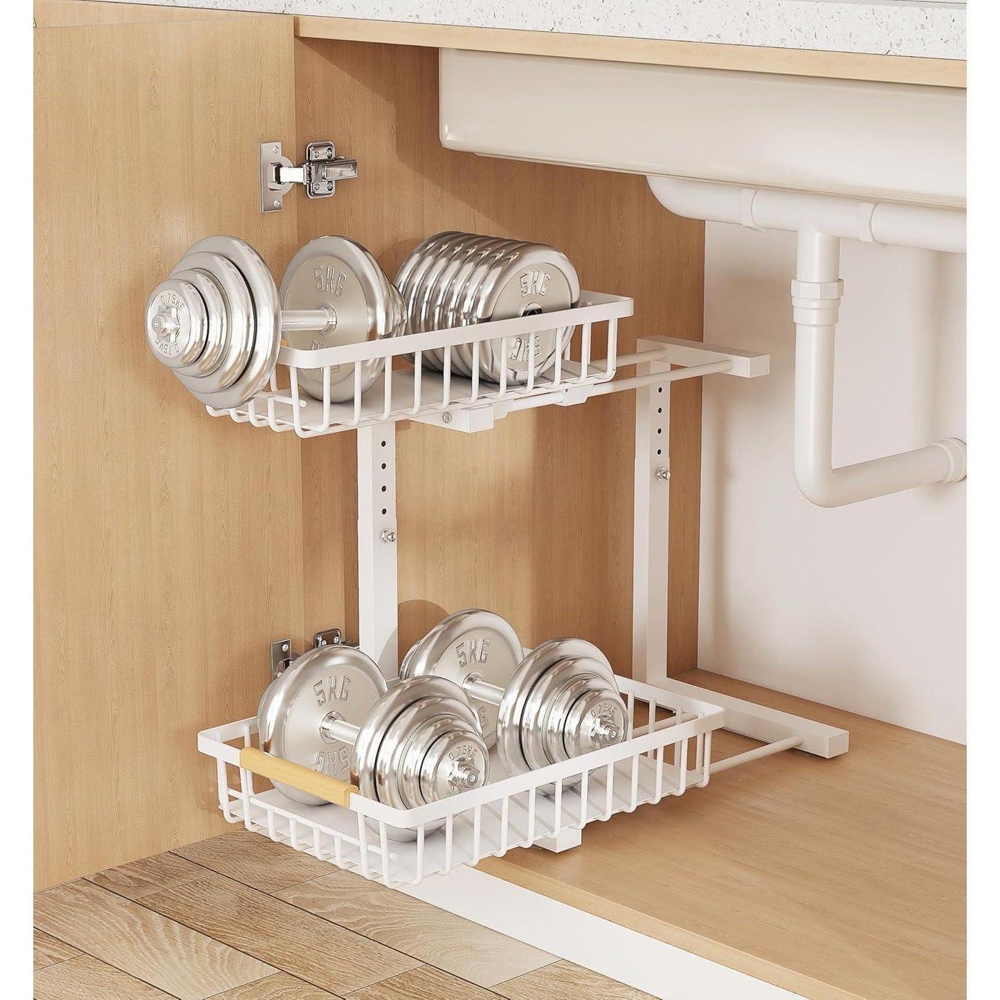 Metal Adjustable Height 2-Tier Pull-Out Storage Rack