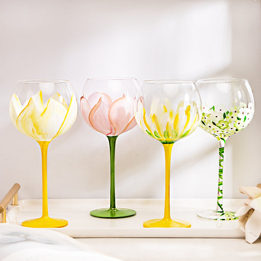 Hand Painted Crystal Flower Wine Glass