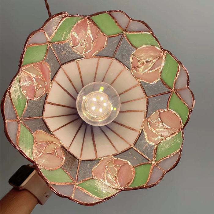 Tiffany Style French Rose Stained Glass Pendant Lamp