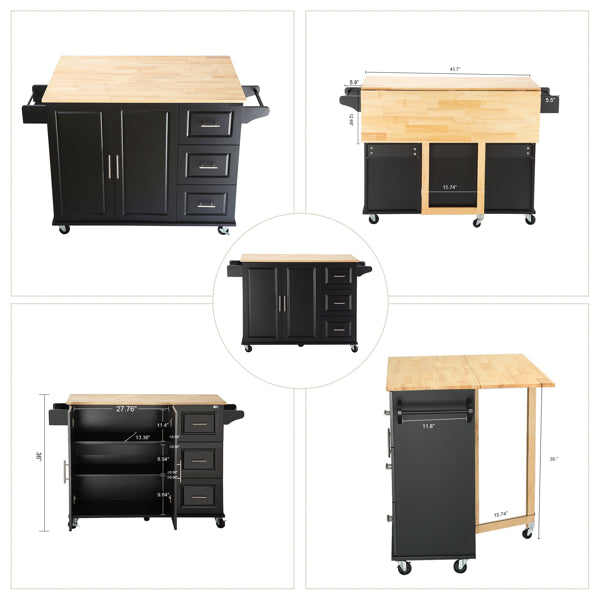 Black Mobile Kitchen Island Cart with Wood Top