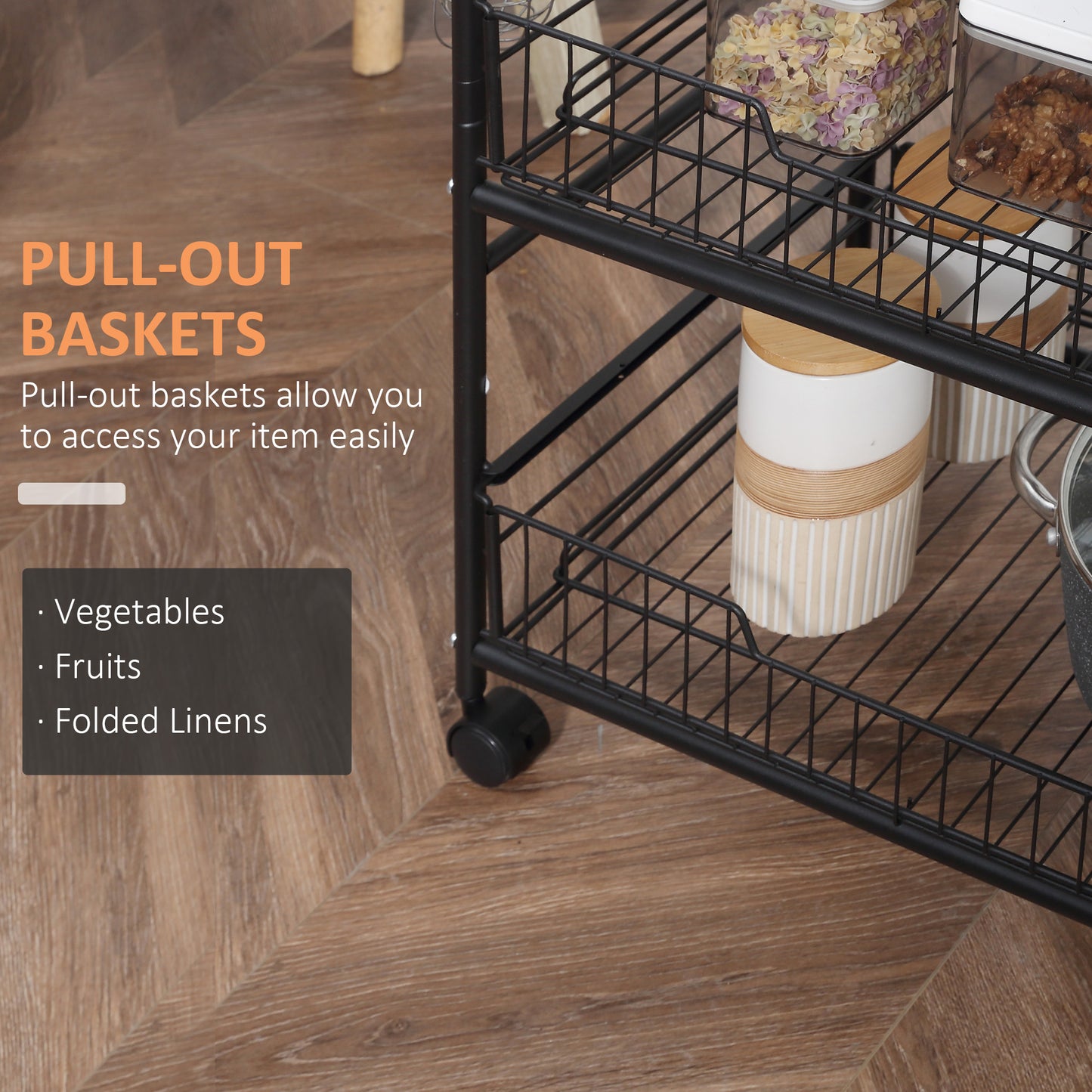 3 Tier Rolling Walnut and Black Metal Kitchen Storage Cart with Storage