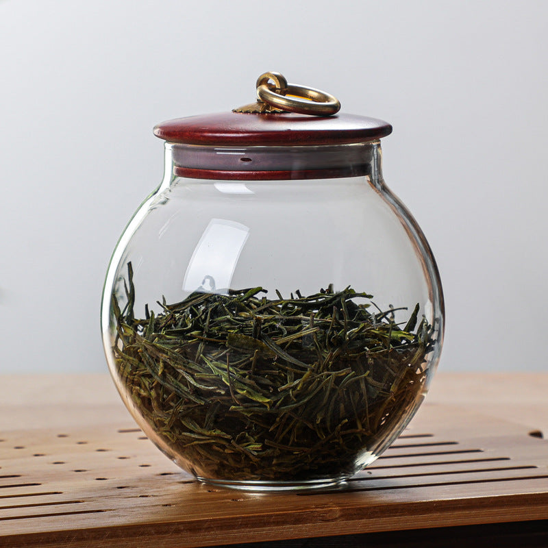 Tempered Glass Jars with Wood Lid and Brass Pull Ring