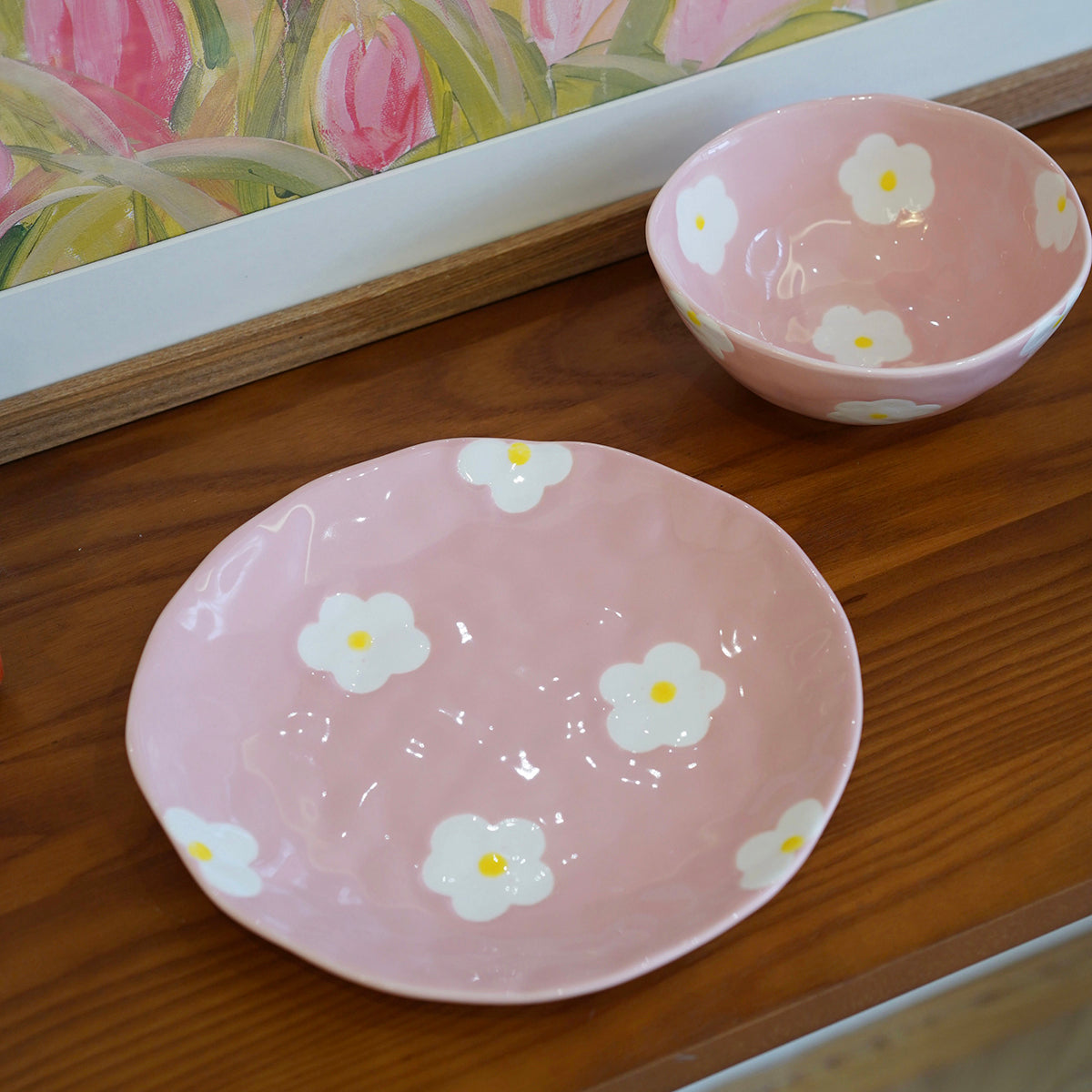 Tableware: 3PC Ceramic Painted Flower Plate, Bowl & Mug