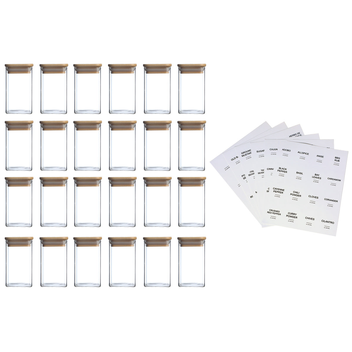 24PC Square Spice Jars-Bamboo Lids-240ml