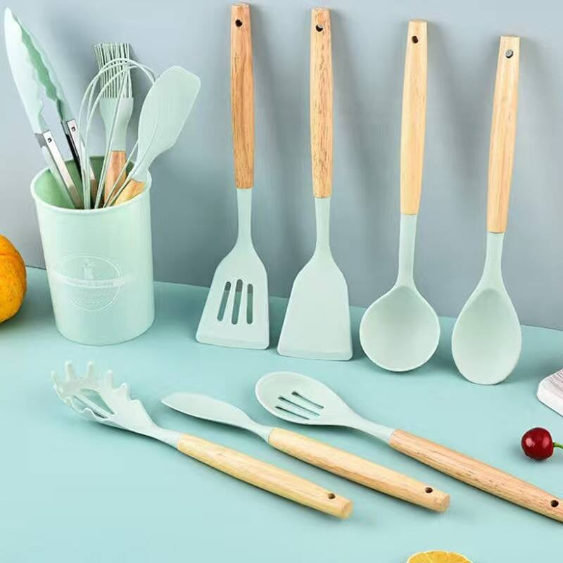 Silicone Cooking Utensils with Wooden Handle-12 PCS