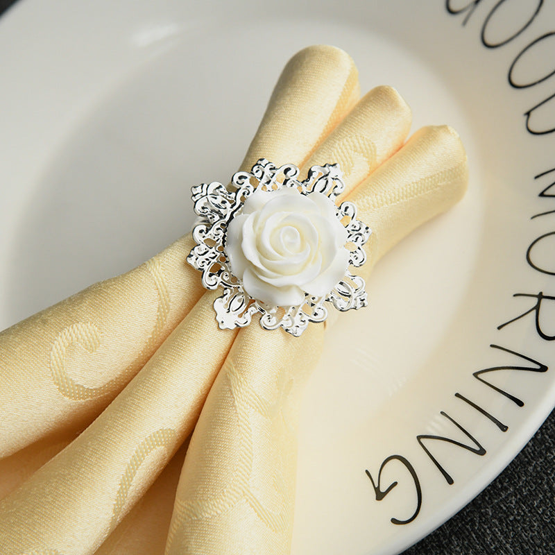 Table Linens: 6PC White Rose & Silver Filigree Napkin Rings