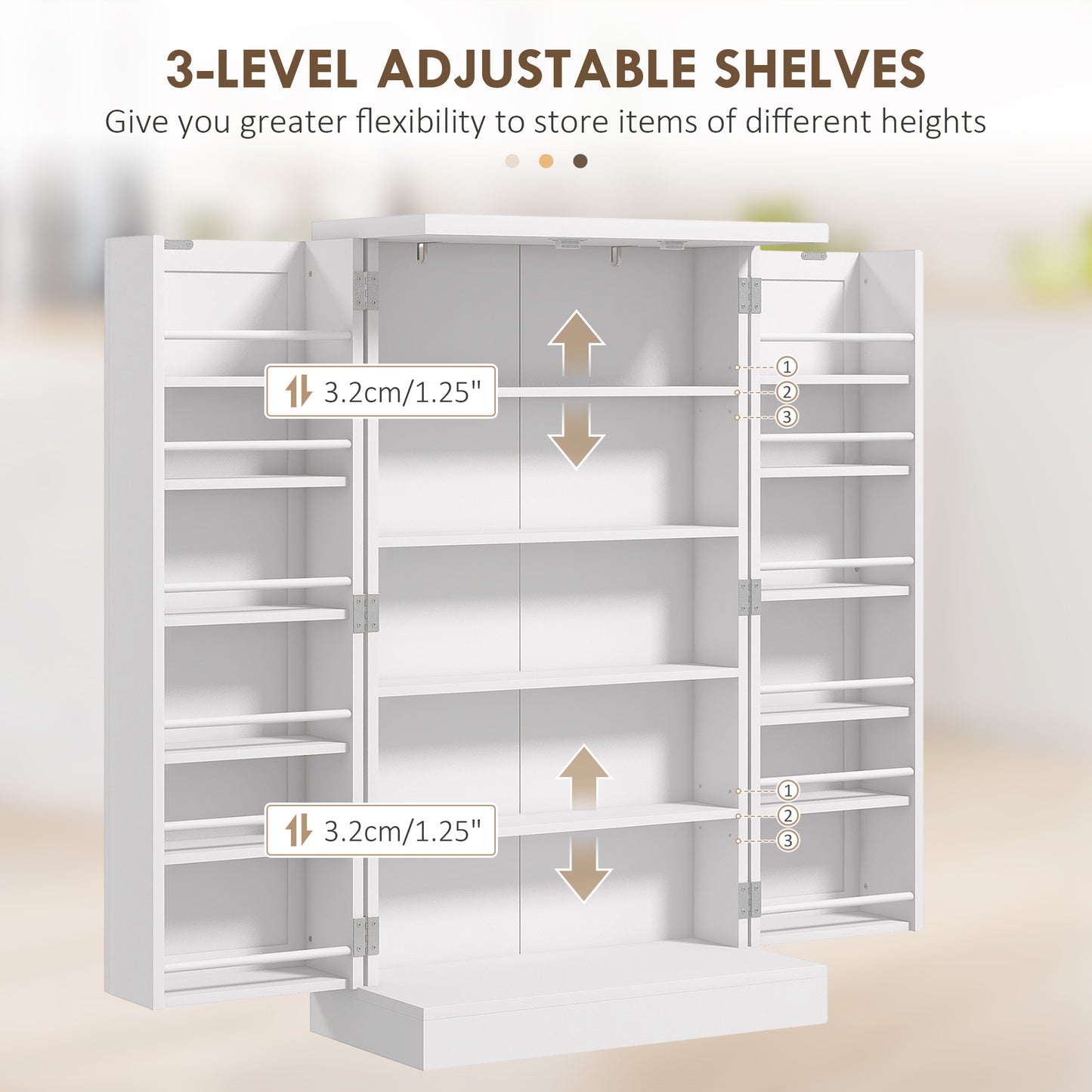 Freestanding White  5-Shelf Kitchen Pantry, 12 Spice Racks
