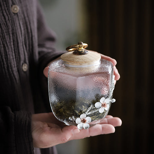 Clear Glass Tea Jar with White FLowers