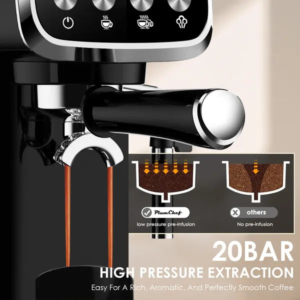 20 BAR Slim Vertical Espresso Machine With Milk Frother, Built-in Cup Warmer, 43 OZ Detachable Tank, For Rich Espresso, Americano, Latte, Compact Space-Saving Design, Screen Button, Black