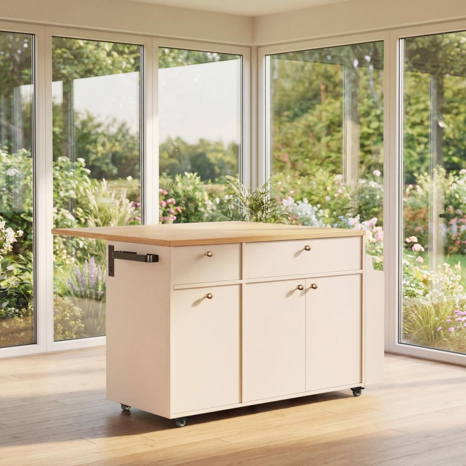 White Rolling Kitchen Island Storage Cart with Drop Leaf Extension