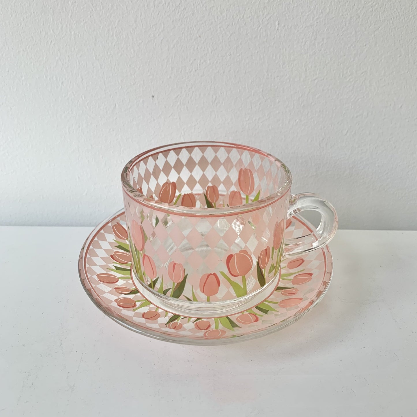 Tulips Painted on Glass Cup Saucer Set