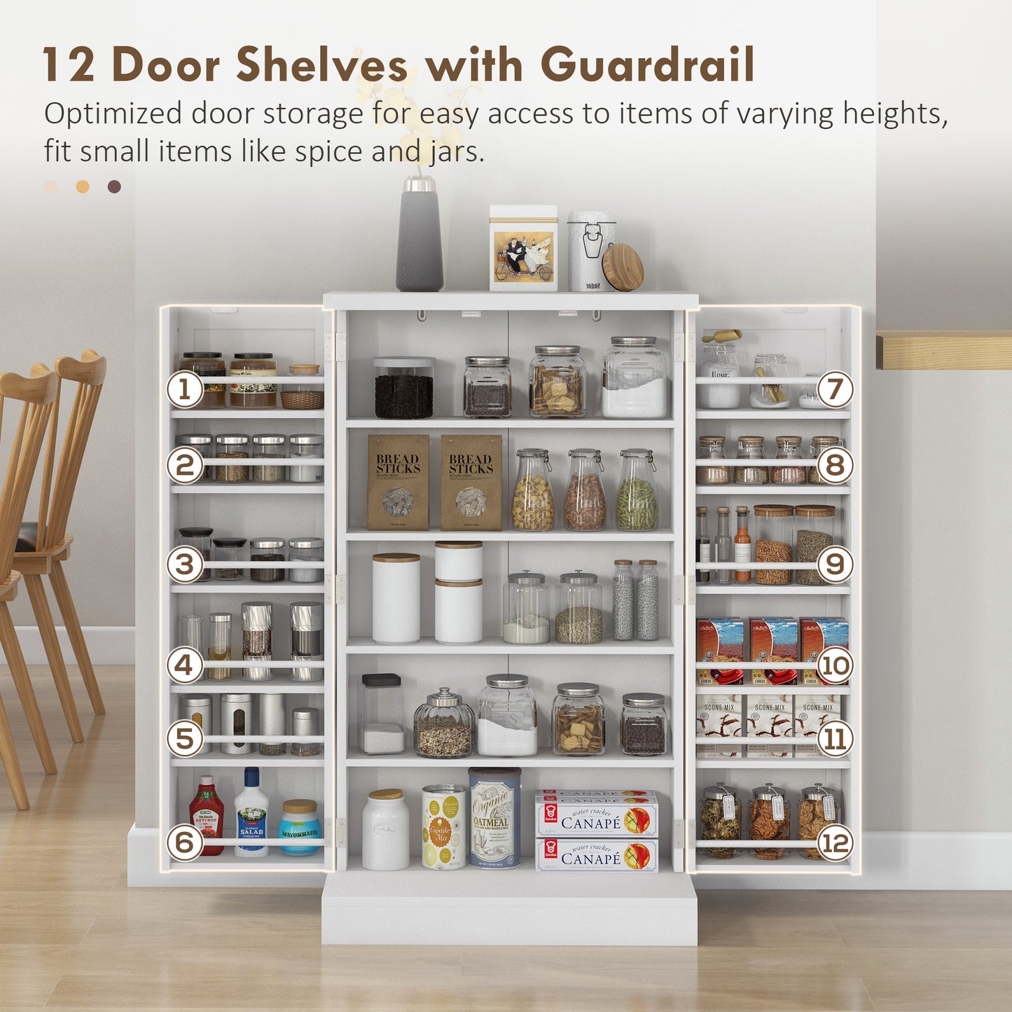 Freestanding White  5-Shelf Kitchen Pantry, 12 Spice Racks