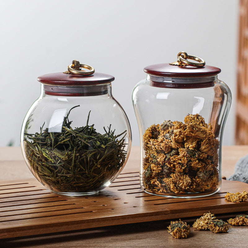 Tempered Glass Jars with Wood Lid and Brass Pull Ring