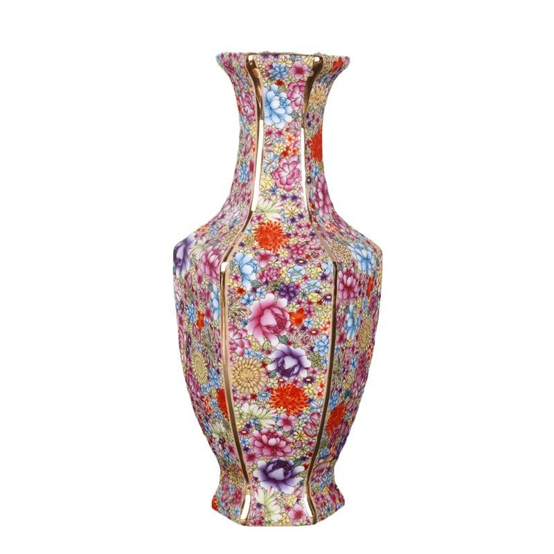 Vase-Colorful Gilded Enamel Hexagonal Vase