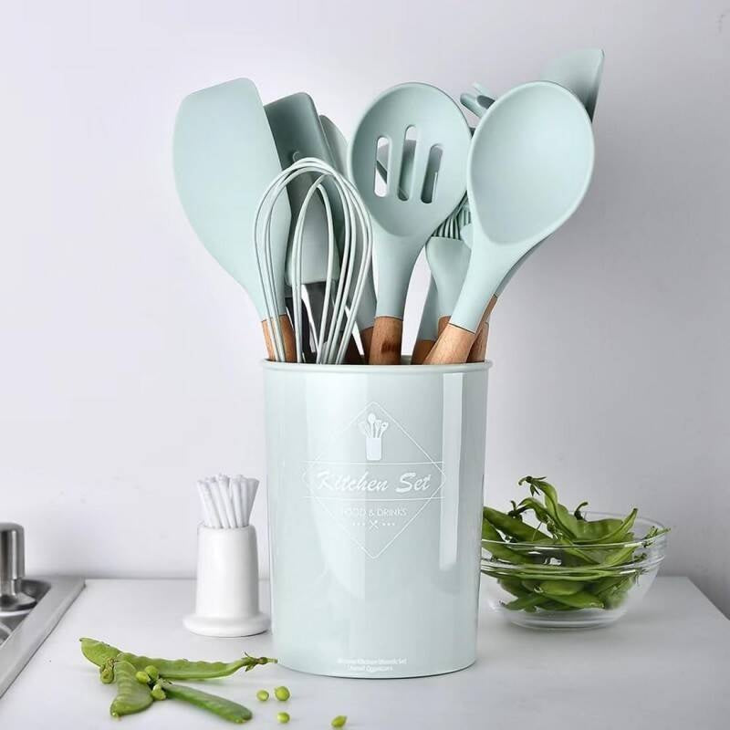 Silicone Cooking Utensils with Wooden Handle-12 PCS
