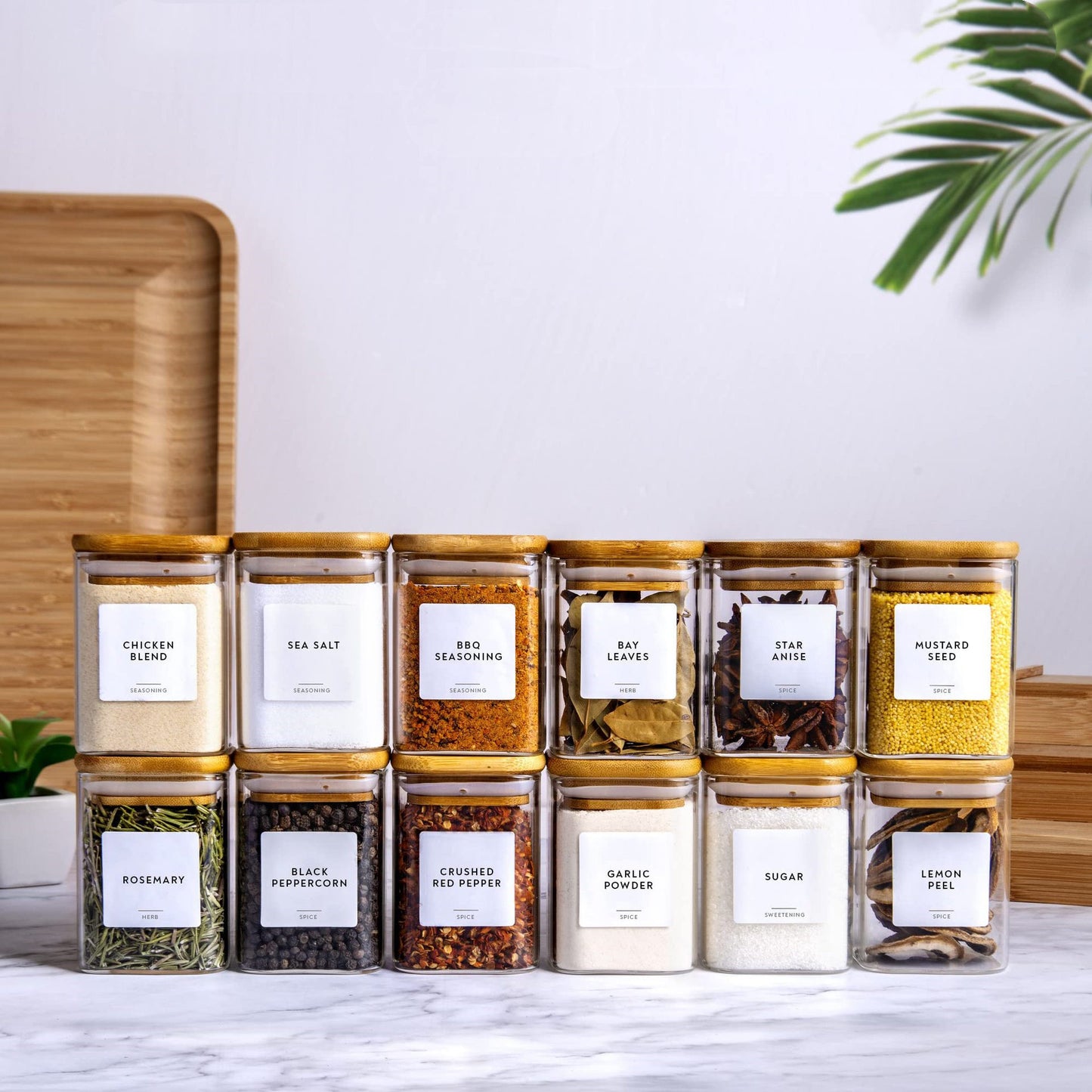 12PC Square Glass Spice Jars-Airtight Bamboo Lid-7oz