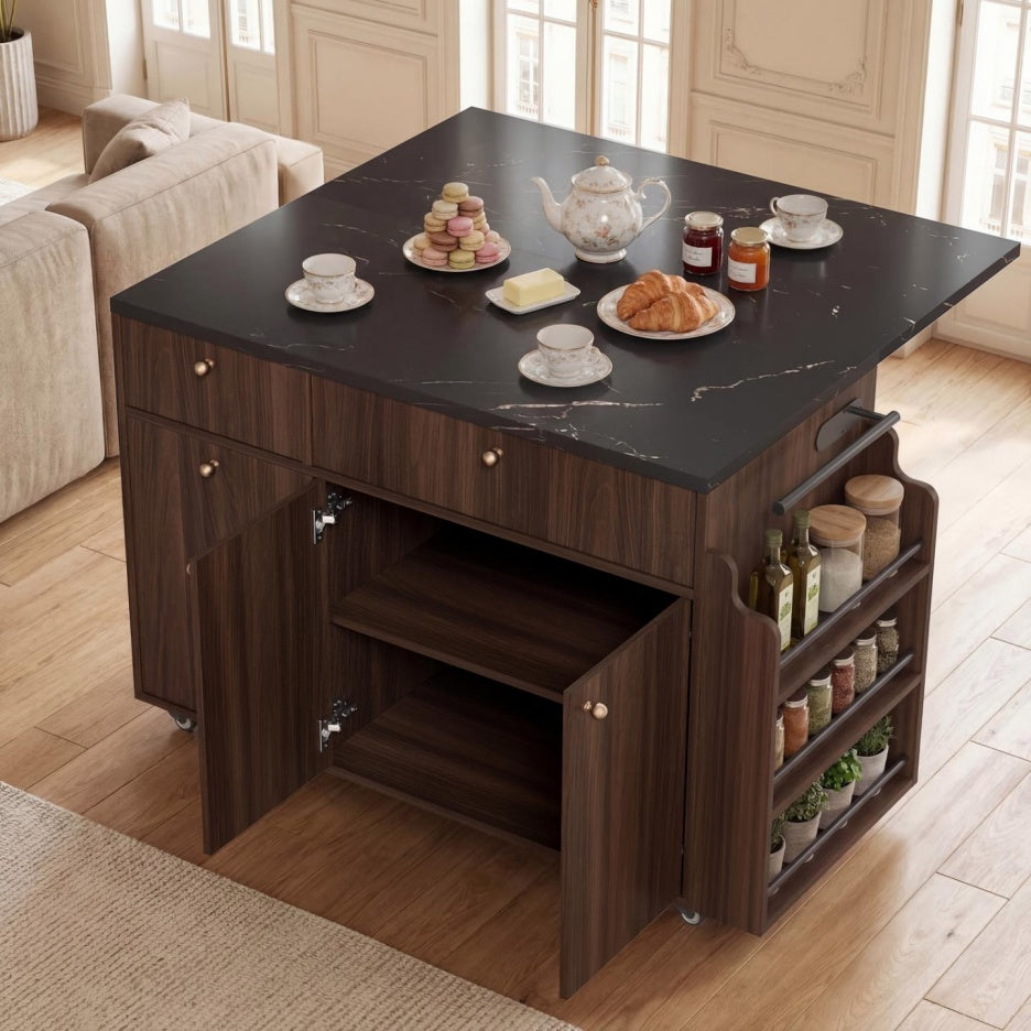 Black Marble Top Rolling Kitchen Island Cart With Drop Leaf