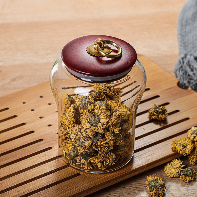 Tempered Glass Jars with Wood Lid and Brass Pull Ring