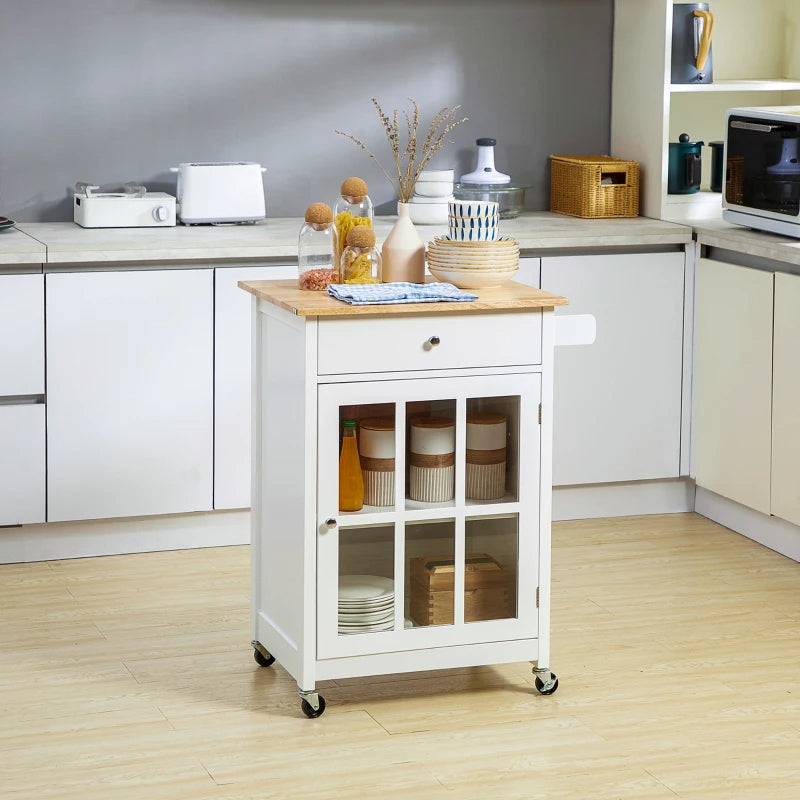 Glass Front Cabinet Kitchen Island With Drawer and Adjustable Shelves