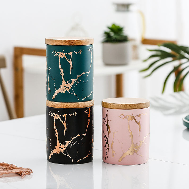 Mini Marbled Ceramic Canister with Airtight Bamboo Lid