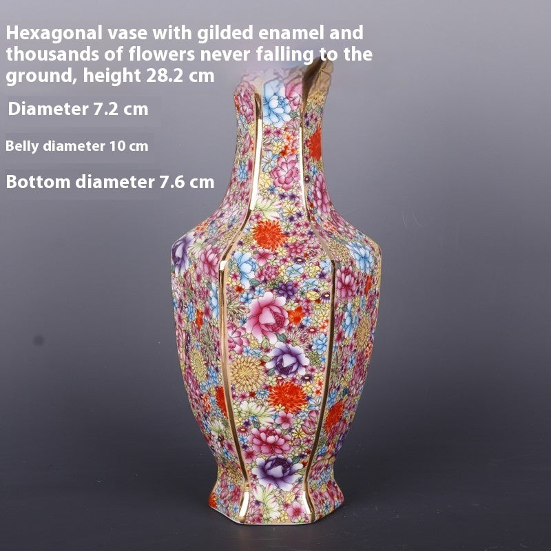 Vase-Colorful Gilded Enamel Hexagonal Vase