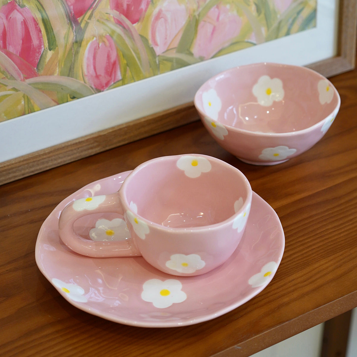 Tableware: 3PC Ceramic Painted Flower Plate, Bowl & Mug