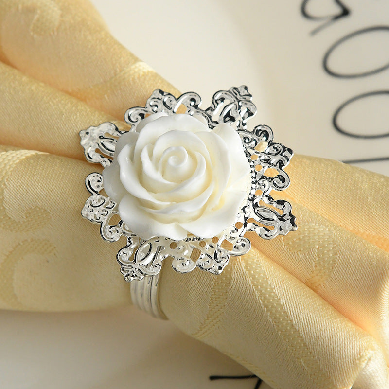 Table Linens: 6PC White Rose & Silver Filigree Napkin Rings