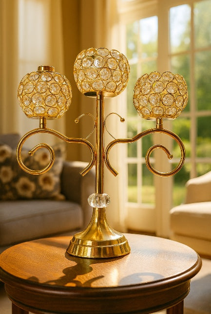Candle Holder-Crystal and Gold 3-Candle Candelabra