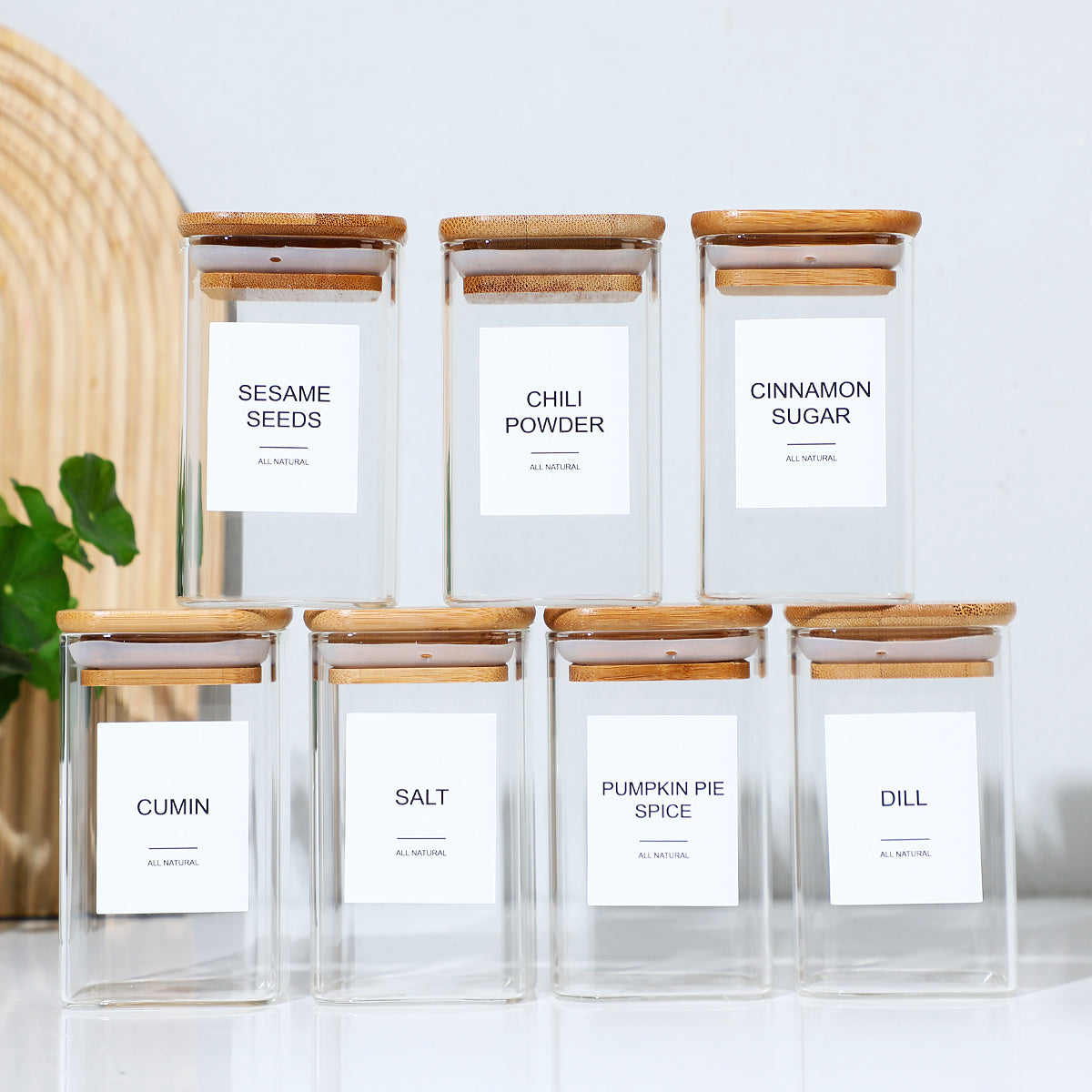 24PC Square Spice Jars-Bamboo Lids-240ml