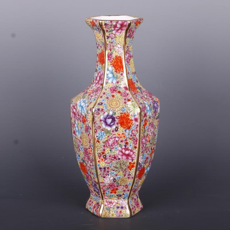 Vase-Colorful Gilded Enamel Hexagonal Vase