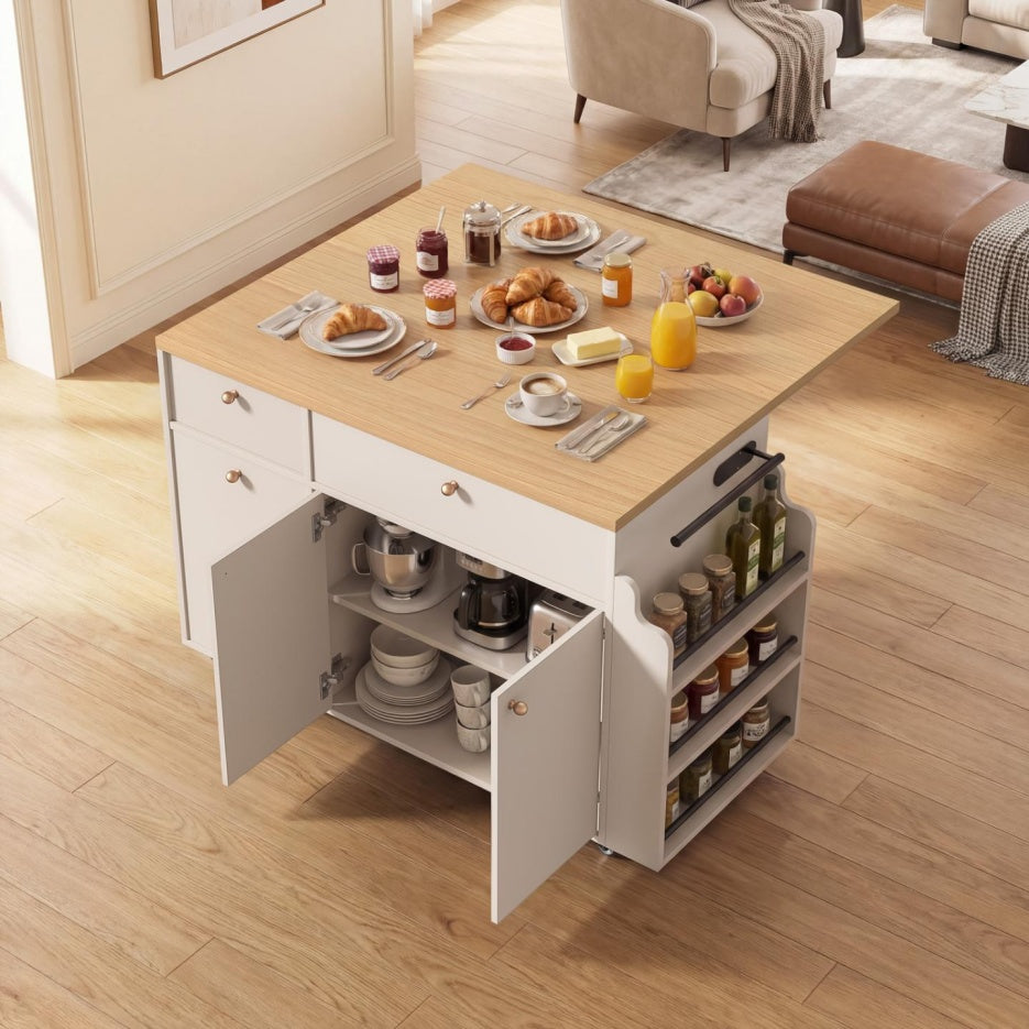 White Rolling Kitchen Island Storage Cart with Drop Leaf Extension