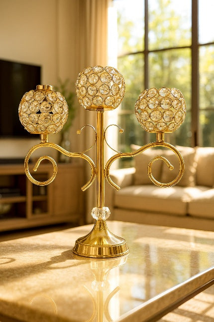 Candle Holder-Crystal and Gold 3-Candle Candelabra