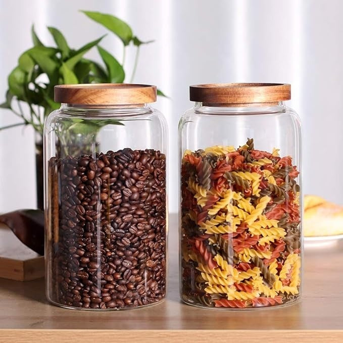 Large Capacity Glass Jar with Wood Tone Screw Top- Set of 2