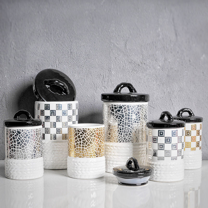 Checkerboard or Crackle Pattern Ceramic Canisters