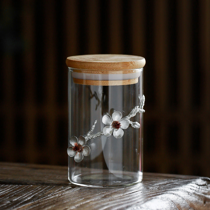 Clear Glass Tea Jar with White FLowers