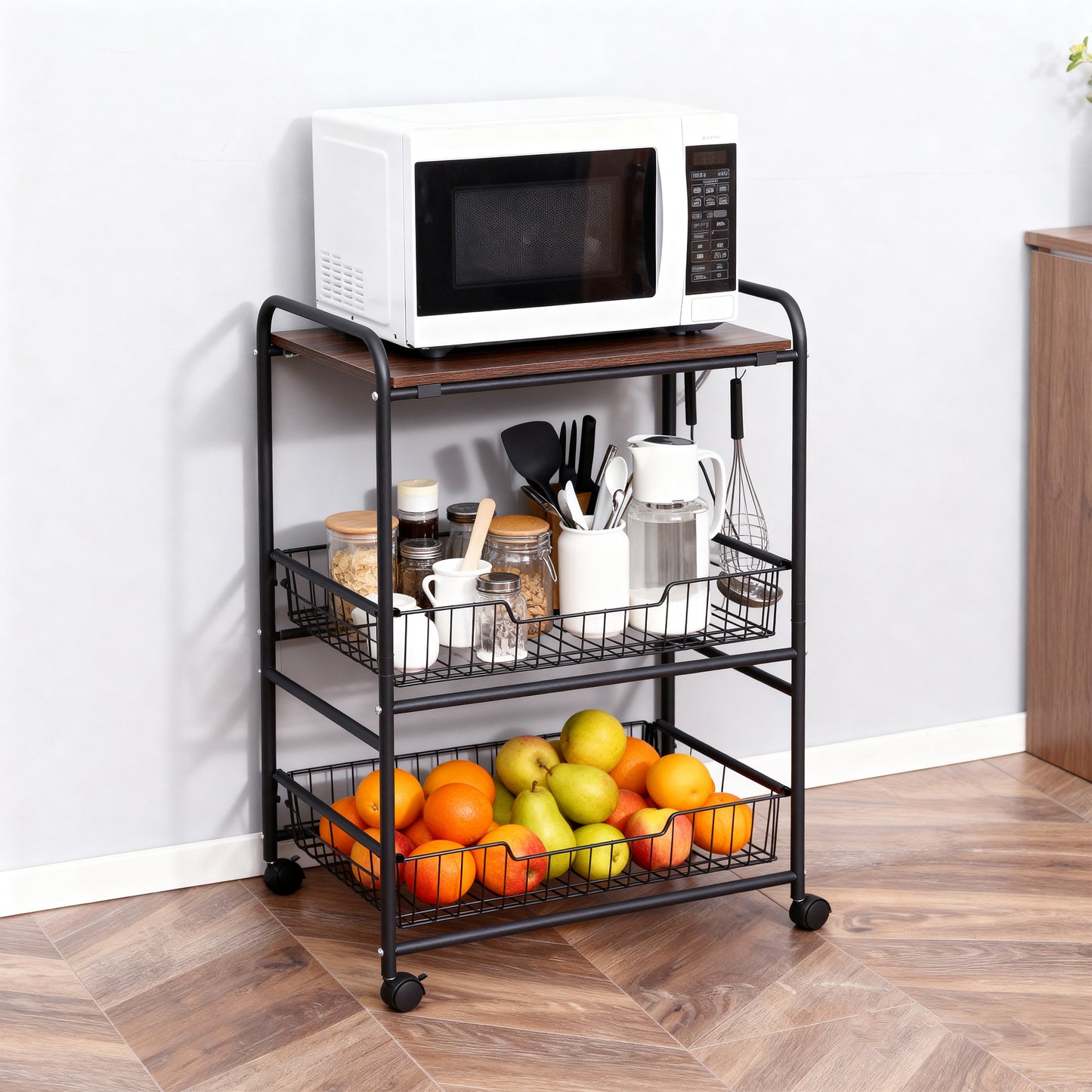 3 Tier Rolling Walnut and Black Metal Kitchen Storage Cart with Storage