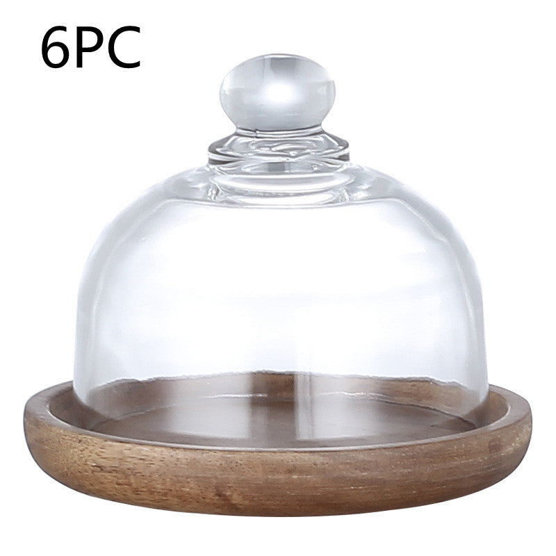 Mini Glass Dome and Wooden Dessert Plate
